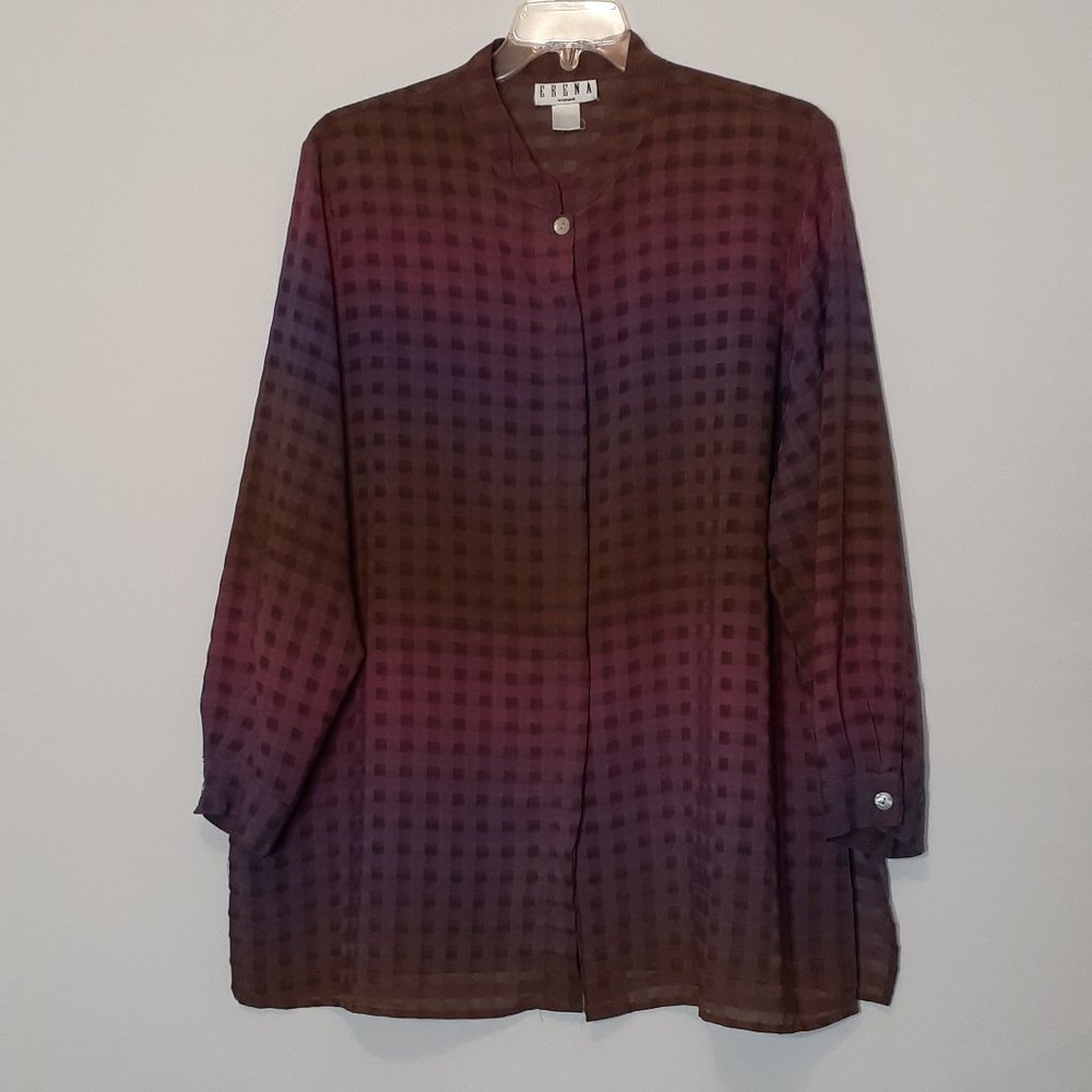 Boxy Pink and Purple Button Down Blouse with Mandarin Collar